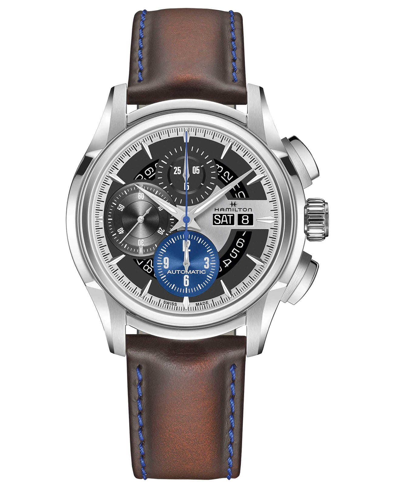 Hamilton Hamilton Jazzmaster Face 2 Face III Limited Edition H32876550  H32876550 механические мужские часы серебристый циферблат, браслет кожаный — вид спереди