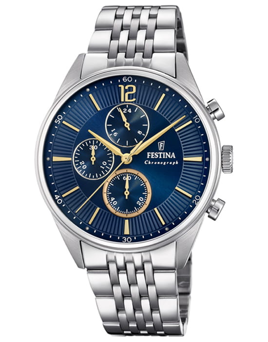 Festina Festina Timeless Chrono F20285/3  F20285/3 кварцевые мужские часы синий циферблат, браслет нержавеющая сталь — вид спереди