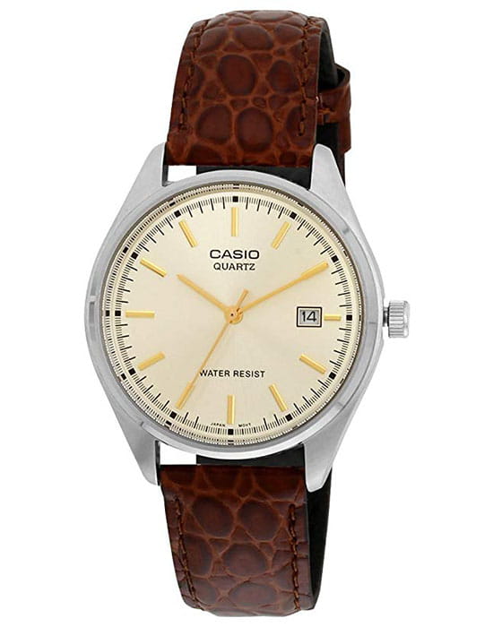Casio Casio MTP-1175E-9A  MTP-1175E-9A кварцевые мужские часы золотой циферблат, браслет кожаный — вид спереди