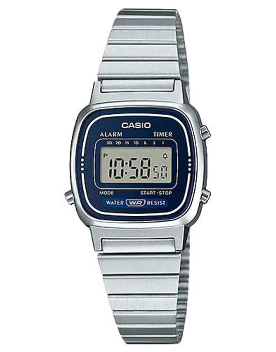 Casio Casio Vintage LA670WA-2DF (LA670WA-2)  LA670WA-2 кварцевые женские часы синий циферблат, браслет нержавеющая сталь — вид спереди