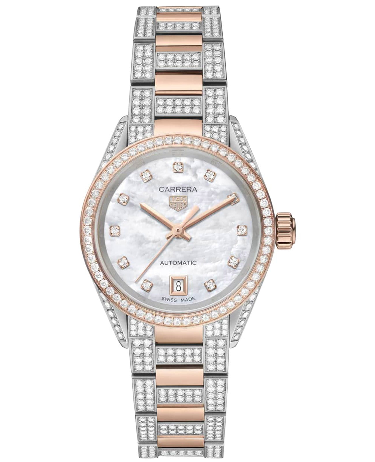 TAG Heuer TAG Heuer Carrera Date WBN2451.BD0567  WBN2451.BD0567 механические женские часы перламутровый циферблат, браслет нержавеющая сталь + золото 18к — вид спереди