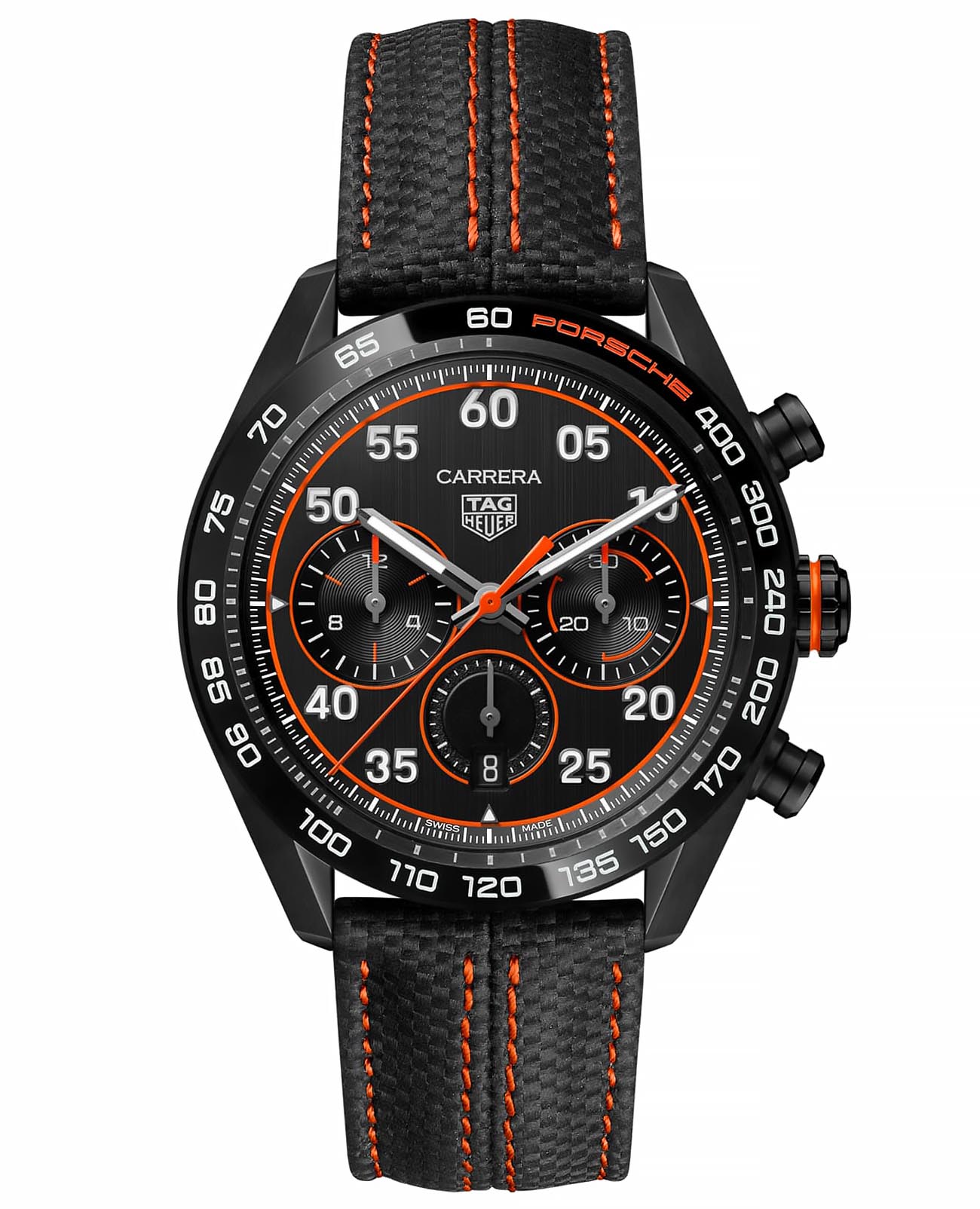 TAG Heuer TAG Heuer Carrera X Porsche Orange Racing CBN2A1M.FC6526  CBN2A1M.FC6526 механические мужские часы черный циферблат, браслет кожаный — вид спереди