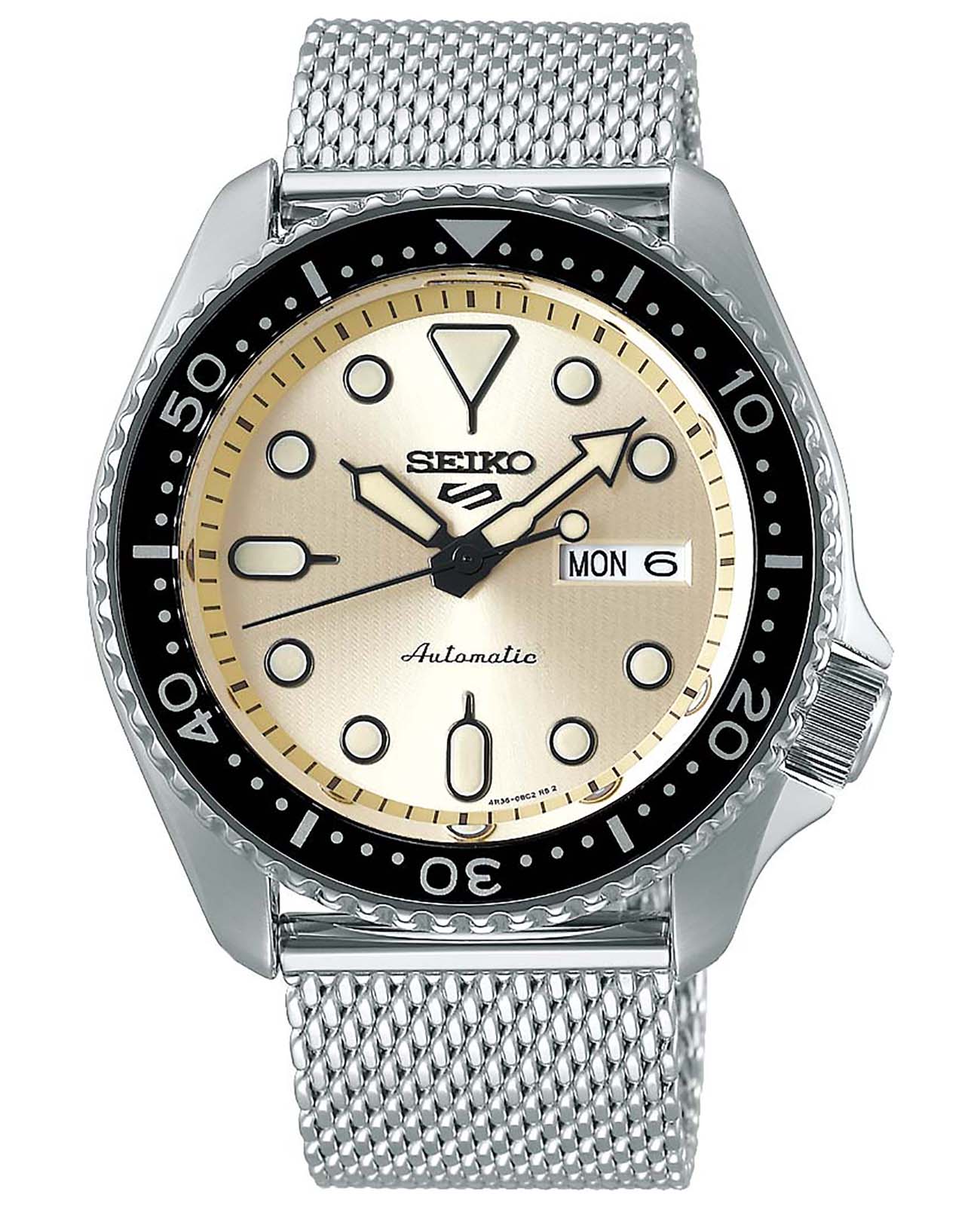 Seiko Seiko 5 Sports SRPE75K1  SRPE75K1 механические мужские часы бежевый циферблат, браслет нержавеющая сталь — вид спереди