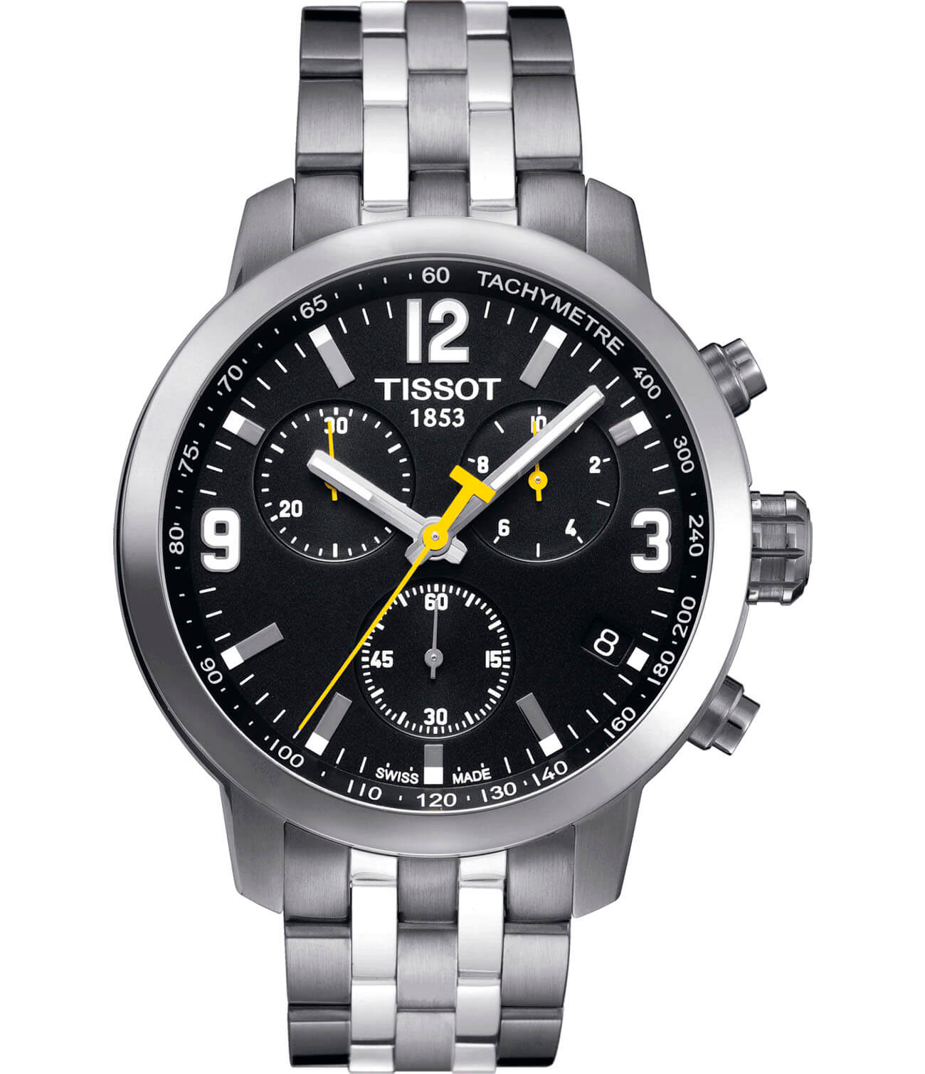 Tissot Tissot PRC 200 Chronograph T055.417.11.057.00 PRC 200 T0554171105700 кварцевые мужские часы черный циферблат, браслет нержавеющая сталь — вид спереди