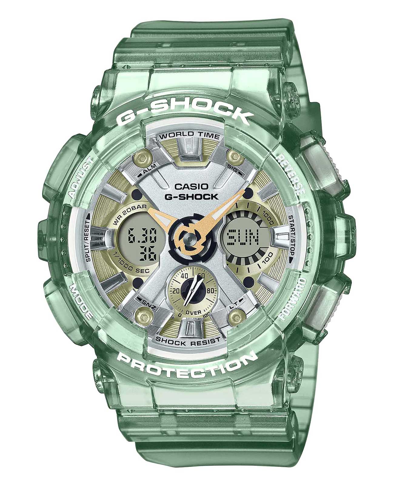 Casio Casio G-Shock GMA-S120GS-3ADR (GMA-S120GS-3A)  GMA-S120GS-3A электронные женские часы зеленый циферблат, браслет пластик — вид спереди