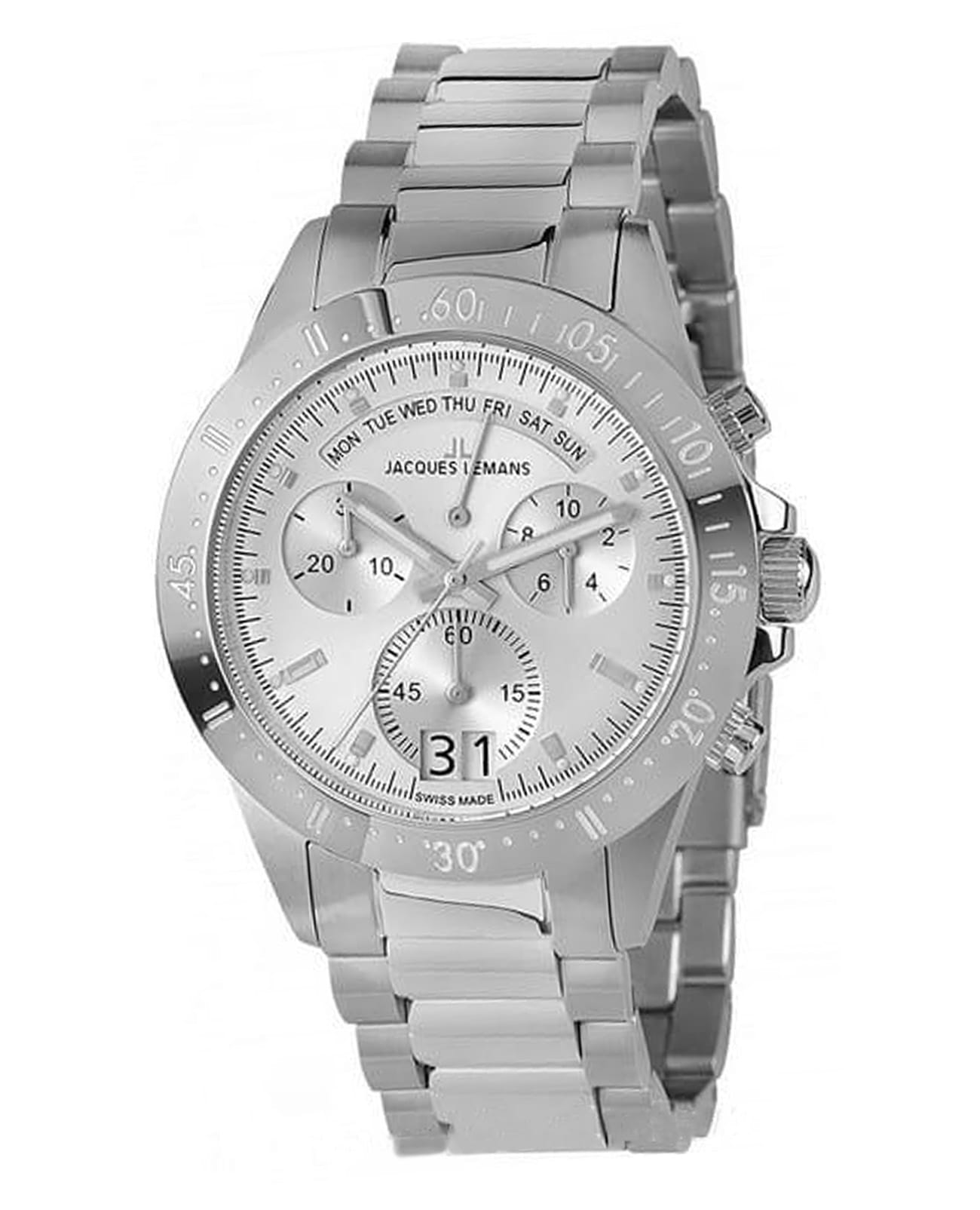 Jacques Lemans Jacques Lemans  Sport 40-10A  40-10A кварцевые мужские часы серебристый циферблат, браслет нержавеющая сталь — вид спереди
