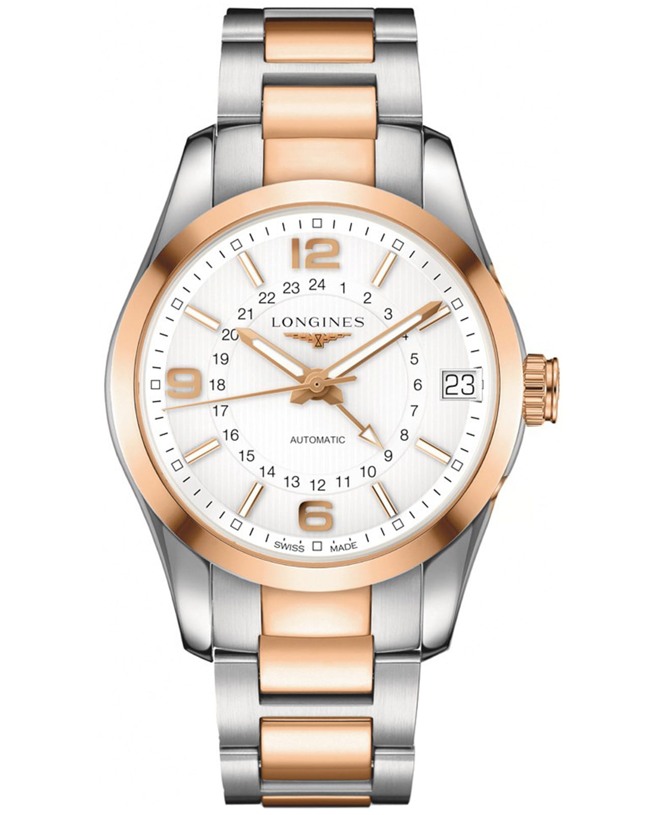 Longines Longines Conquest Collection L2.799.5.76.7  L27995767 механические мужские часы белый циферблат, браслет нержавеющая сталь + золото 18к — вид спереди