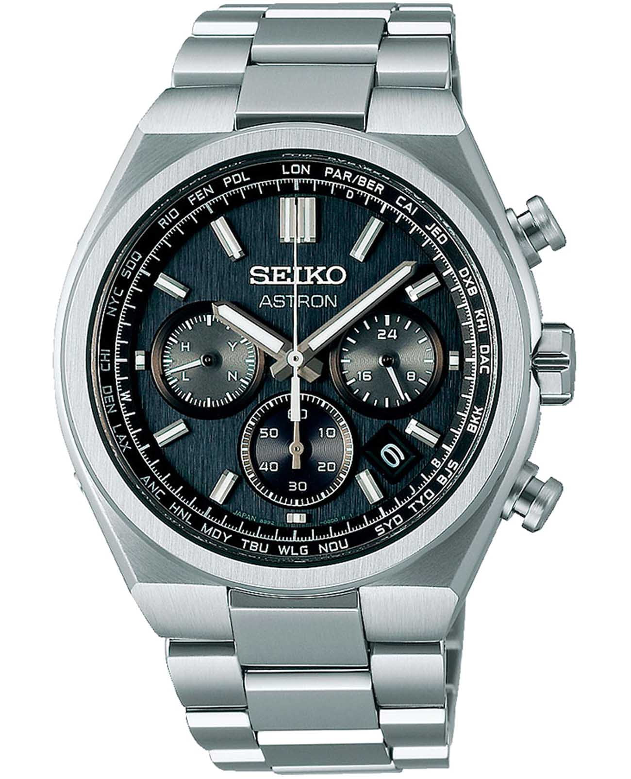 Seiko Seiko Astron Nexter Solar Radio SBXY097  SBXY097 кварцевые мужские часы синий циферблат, браслет титановый — вид спереди