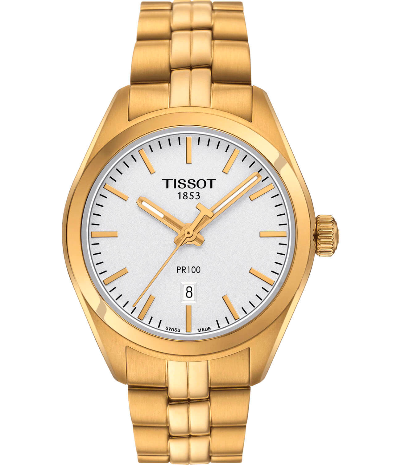 Tissot Tissot PR 100 Lady T101.210.33.031.00 PR 100 T1012103303100 кварцевые женские часы белый циферблат, браслет сталь c pvd покрытием — вид спереди