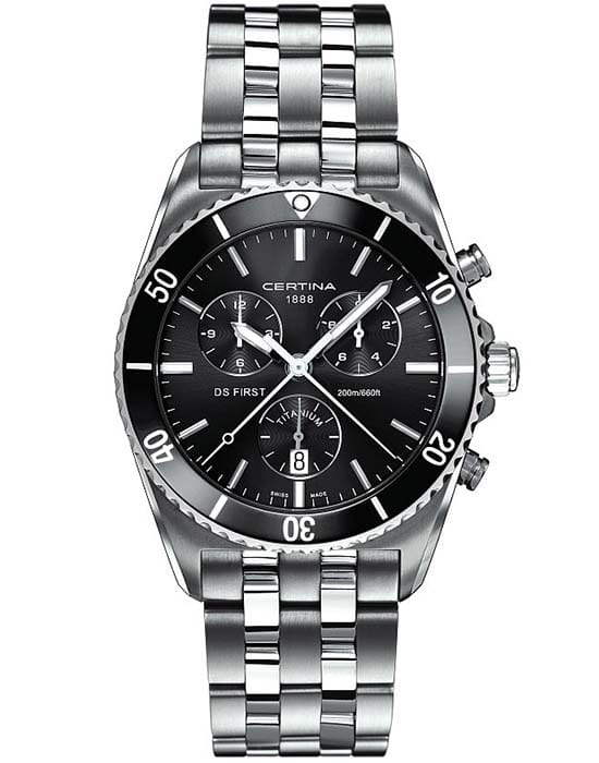Certina Certina DS First C014.417.44.081.00 DS First C0144174408100 кварцевые мужские часы черный циферблат, браслет титановый — вид спереди