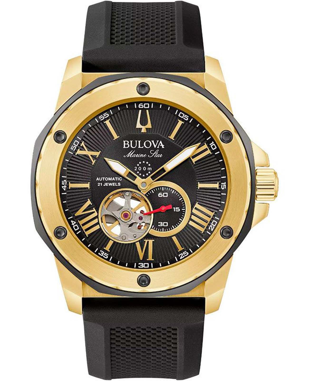Bulova Bulova Marine Star 98A272  98A272 механические мужские часы черный циферблат, браслет силикон — вид спереди