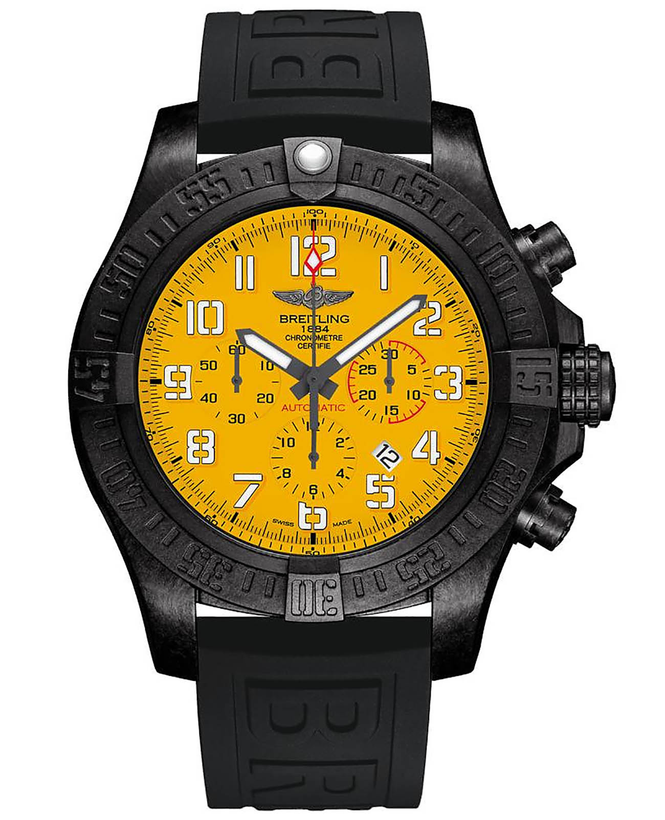 Breitling Breitling Avenger Hurricane 12H XB0170E41I1S2  XB0170E41I1S2 механические мужские часы желтый циферблат, браслет каучук — вид спереди
