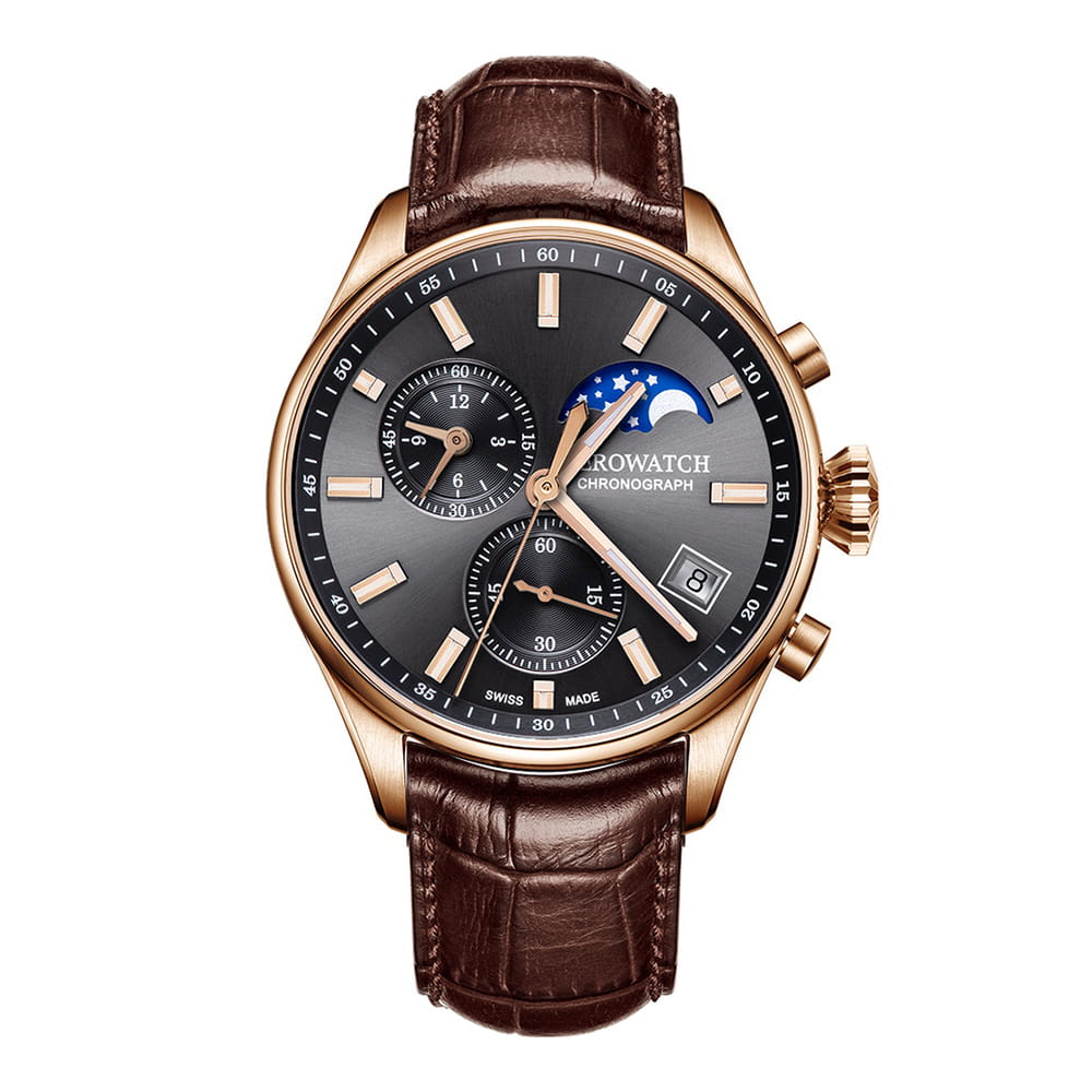 Aerowatch Aerowatch Les Grandes Classiques 78990 RO02  78990 RO02 кварцевые мужские часы черный циферблат, браслет кожаный — вид спереди