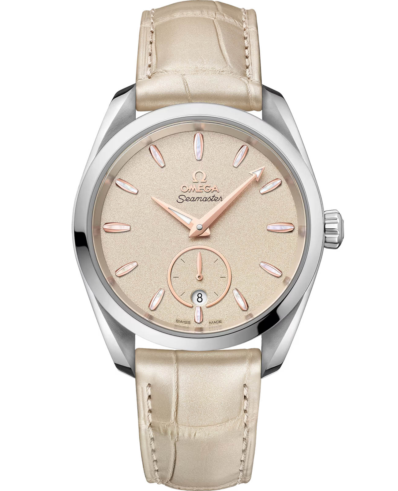 Omega Omega Seamaster Aqua Terra 220.13.38.20.09.001 Aqua Terra 22013382009001 механические женские часы бежевый циферблат, браслет кожаный — вид спереди