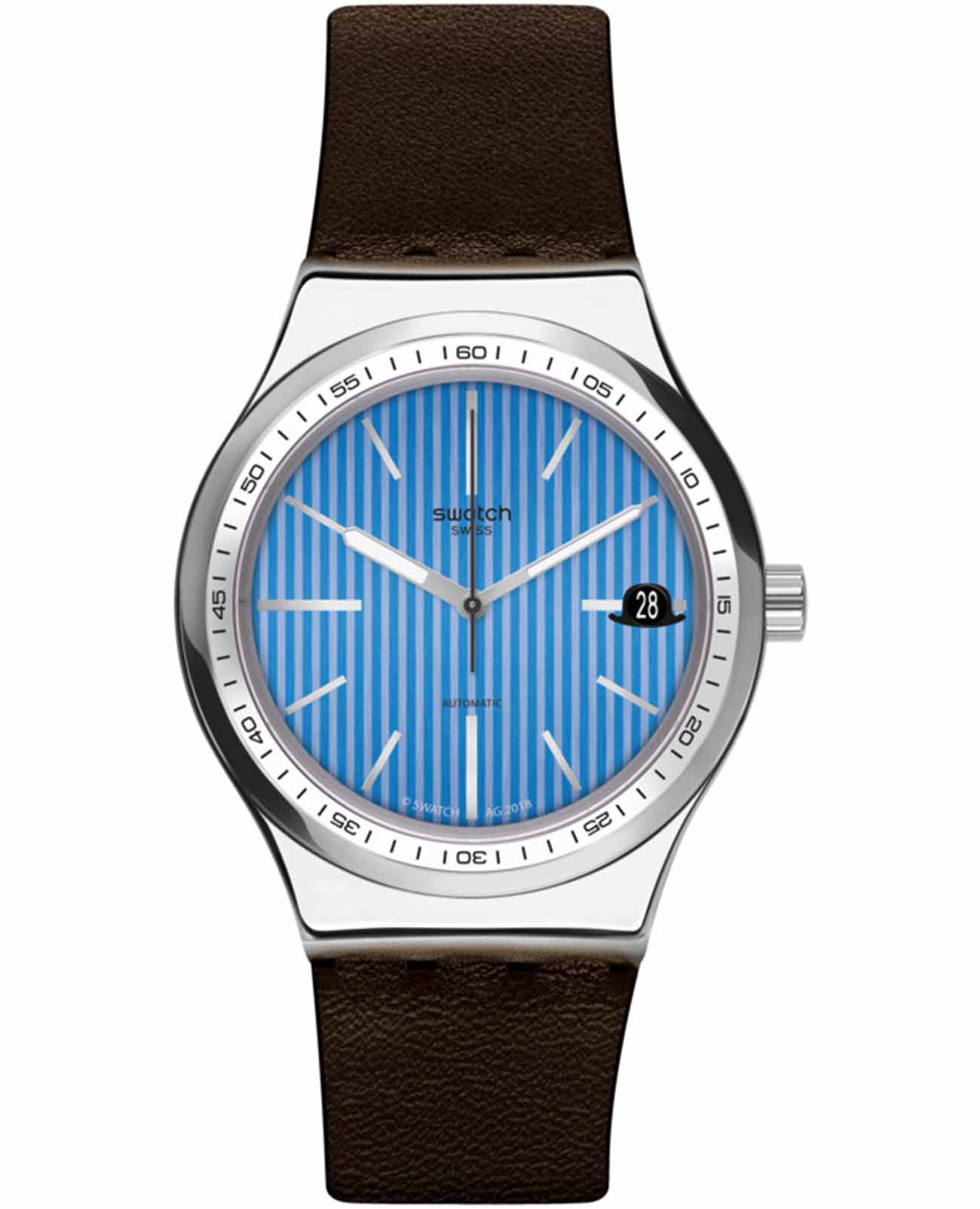 Swatch Swatch Irony Sistem51 YIZ405  YIZ405 механические мужские часы синий циферблат, браслет кожаный — вид спереди