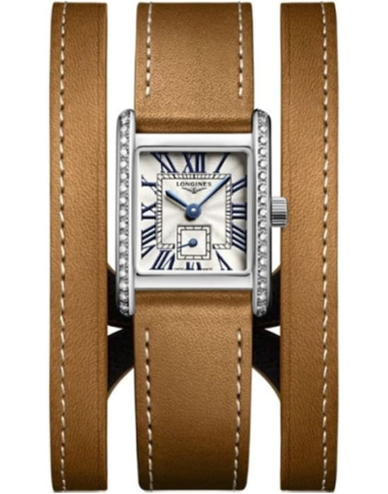 Longines Longines Mini DolceVita L5.200.0.71.3  L52000713 кварцевые женские часы бежевый циферблат, браслет кожаный — вид спереди