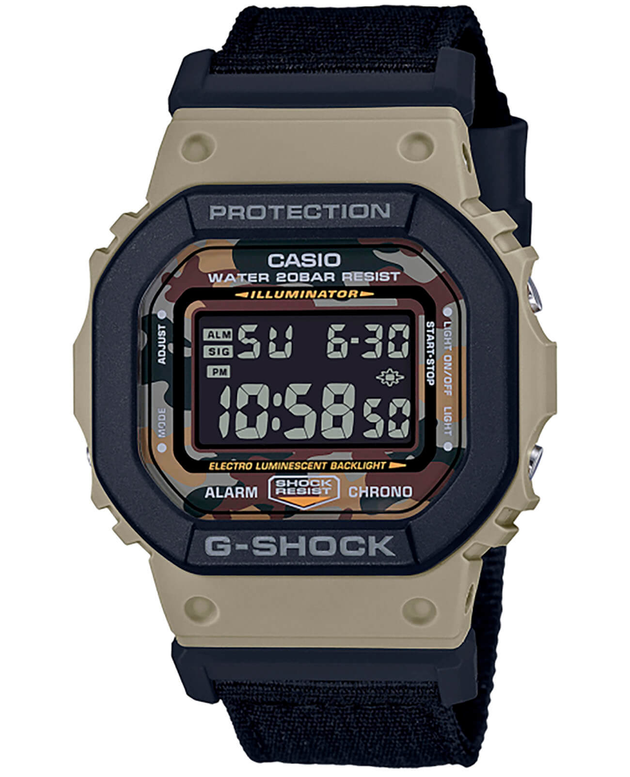 Casio Casio G-Shock DW-5610SUS-5  DW-5610SUS-5ER электронные мужские часы черный циферблат, браслет тканевый — вид спереди