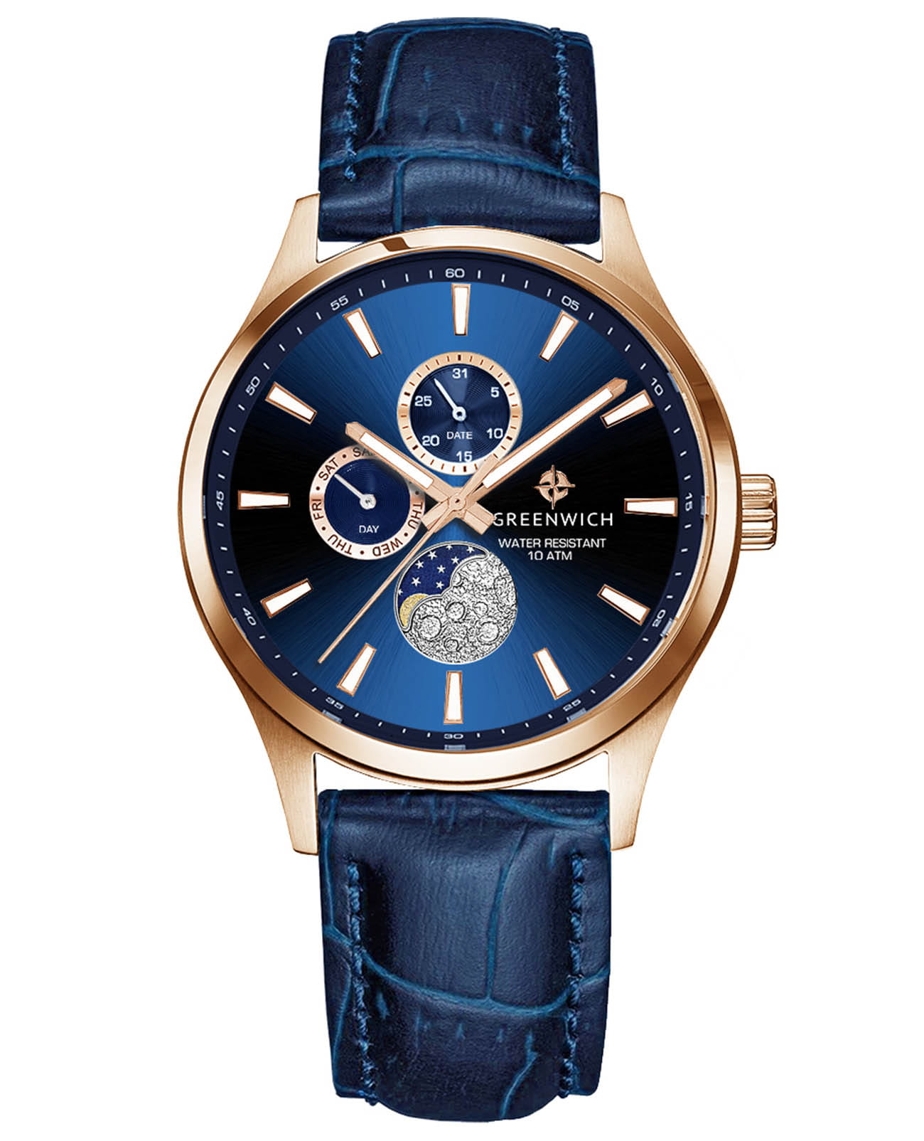Greenwich Greenwich Moon Walker GW 058.46.36  GW 058.46.36 кварцевые мужские часы синий циферблат, браслет кожаный — вид спереди