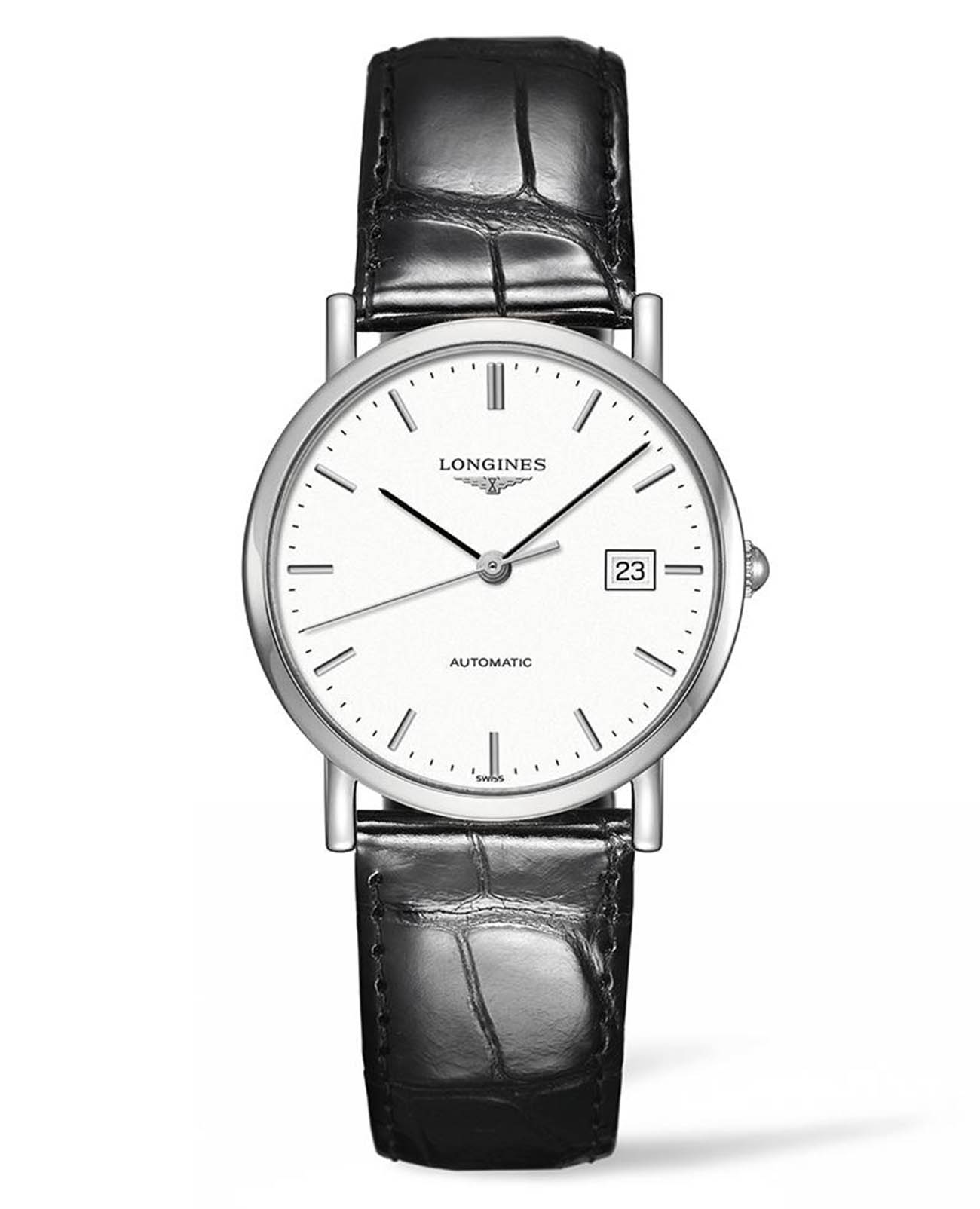 Longines Longines Elegant Collection L4.809.4.12.2  L48094122 механические мужские часы белый циферблат, браслет кожаный — вид спереди