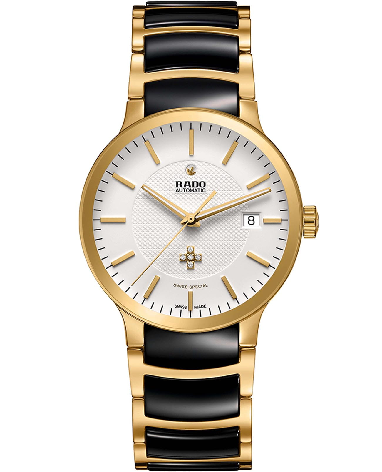 Rado Rado Centrix Automatic Diamonds R30079702 Automatic R30079702 механические мужские часы белый циферблат, браслет нержавеющая сталь с pvd-покрытием — вид спереди