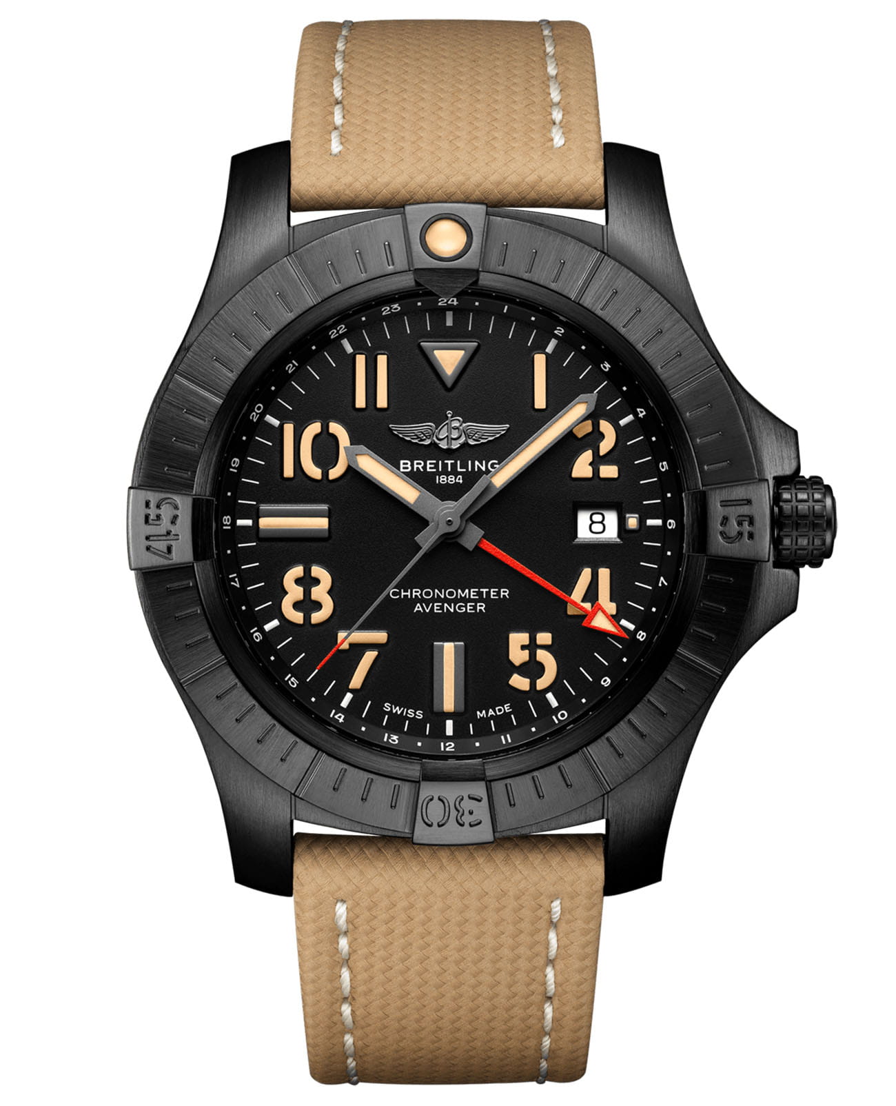 Breitling Breitling Avenger Automatic GMT 45 Night Mission V32395101B1X2  V32395101B1X2 механические мужские часы черный циферблат, браслет кожаный — вид спереди
