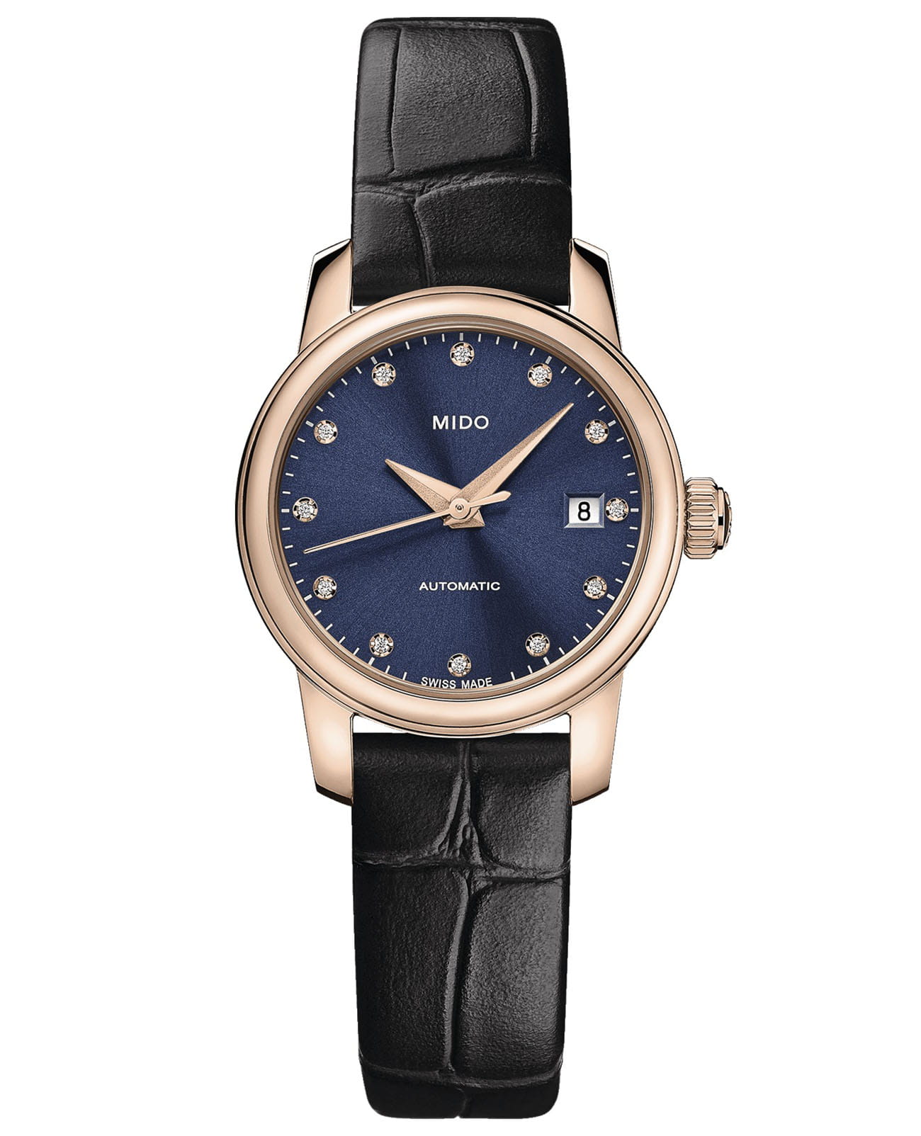 Mido Mido Baroncelli Lady Twenty Five M039.007.36.046.00  M0390073604600 механические женские часы синий циферблат, браслет кожаный — вид спереди