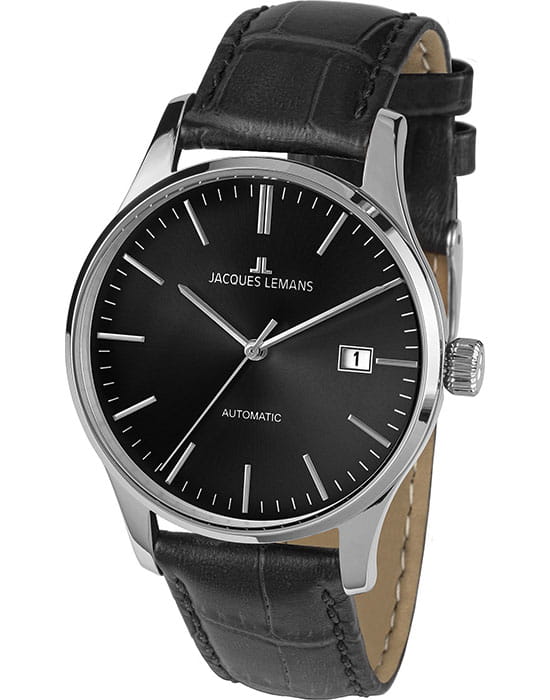 Jacques Lemans Jacques Lemans London 1-2073A  1-2073A механические мужские часы черный циферблат, браслет кожаный — вид спереди