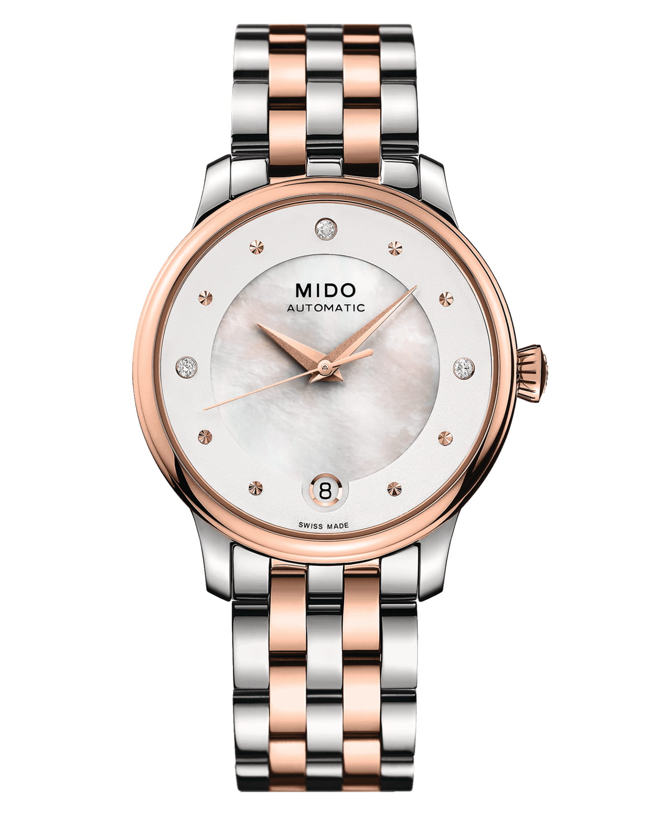 Mido Mido Baroncelli Lady Day M039.207.22.106.00  M0392072210600 механические женские часы  циферблат, браслет нержавеющая сталь — вид спереди