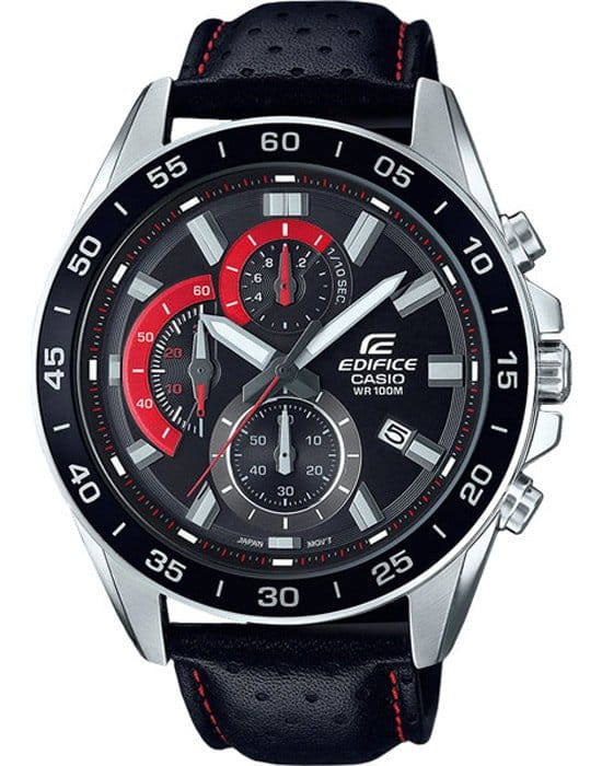 Casio Casio Edifice EFV-550L-1AVUDF (EFV-550L-1A) EFV-550 EFV-550L-1A кварцевые мужские часы черный циферблат, браслет кожаный — вид спереди