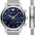 Emporio Armani Emporio Armani AR80038  AR80038 кварцевые мужские часы  синий циферблат, браслет нержавеющая сталь — вид спереди